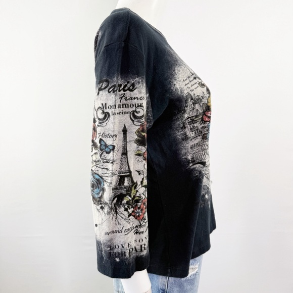 Jess & Jane Black Paris Top Size L Eiffel Tower Rhinestones 3/4 Sleeve Y2K Goth - Picture 7 of 10